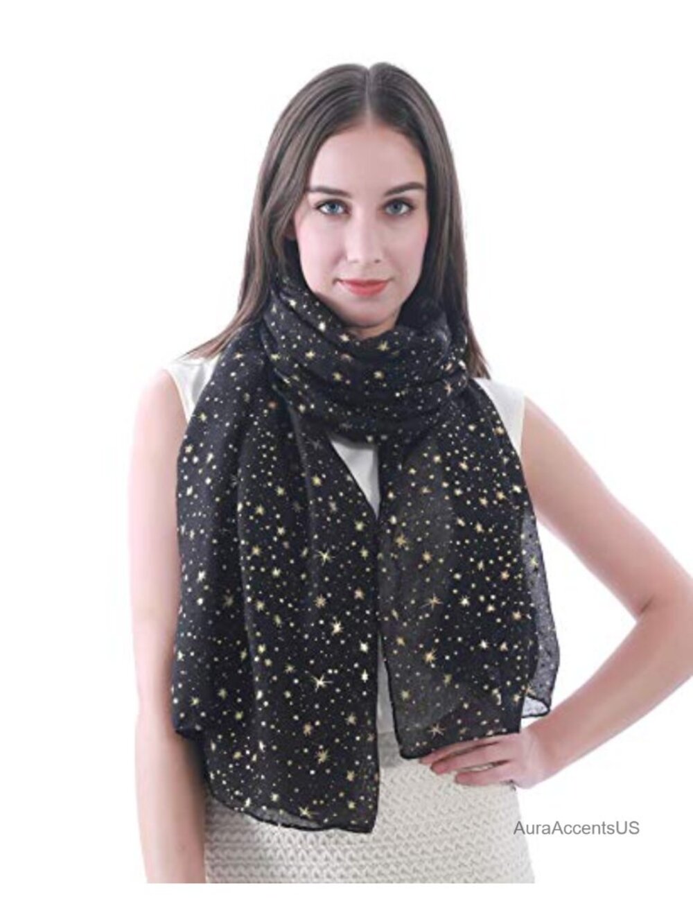 Glitter Shimmer Sparkle Foil Star Print Women's Scarf Shawl Wrap Lightweight